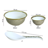 Elegant Grey & Gold 8-Piece Embossed Ceramic Dessert & Pudding Set | Includes Serving Spoon | Premium Gift Box